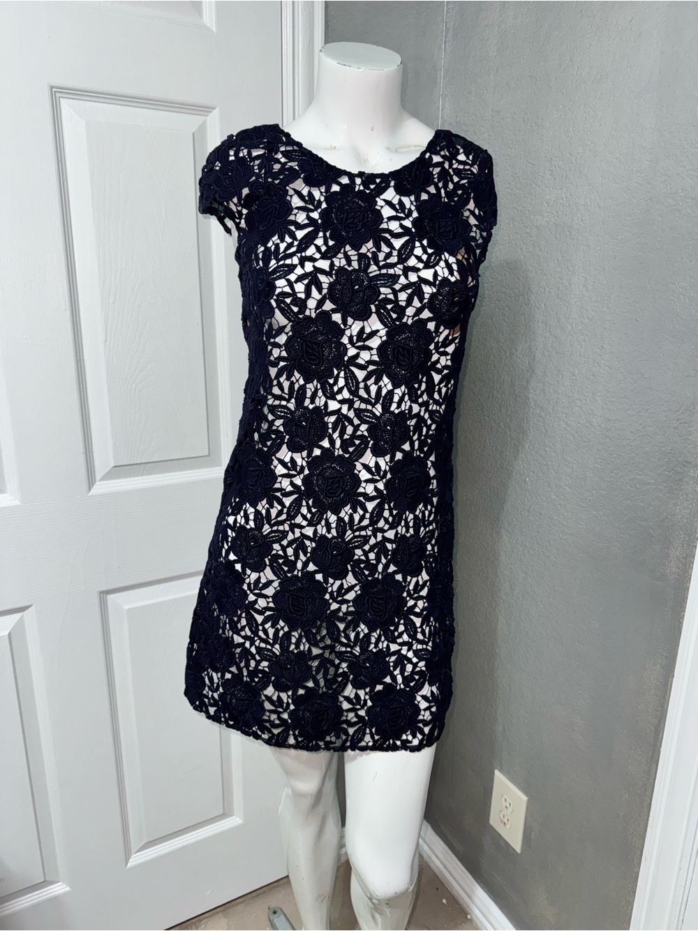 Navy Crochet Lace Cap Sleeve Shift Dress PRADA